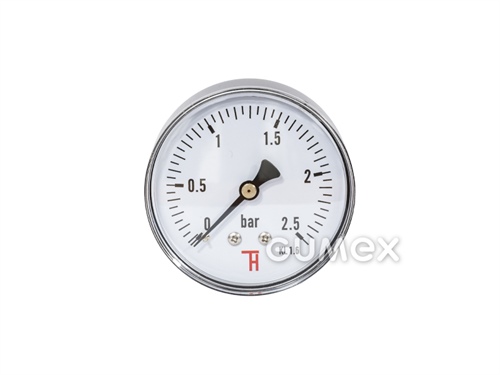 Manometer štandardný so zadným vývodom, priemer 63mm, vonkajší závit G 1/4", 0-2,5bar, trieda presnosti 1,6%, priezor akryl, púzdro oceľ, -40°C/+60°C